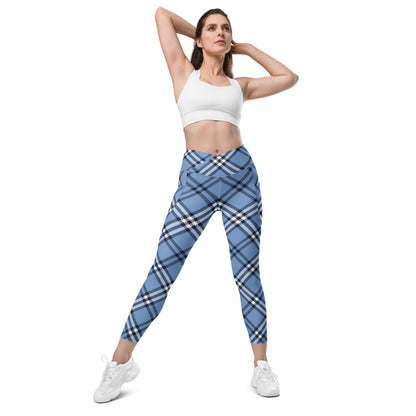 Blue Plaid Crossover leggings with pockets