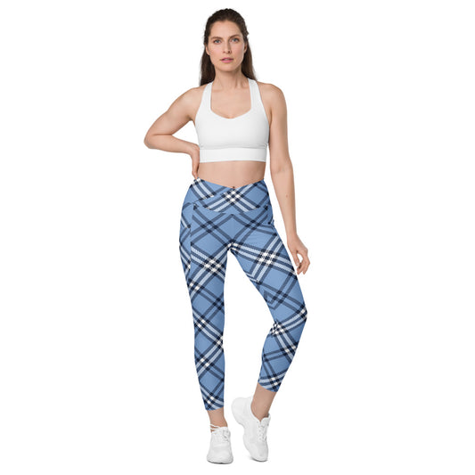 Blue Plaid Crossover leggings with pockets