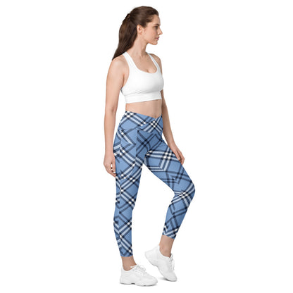 Blue Plaid Crossover leggings with pockets